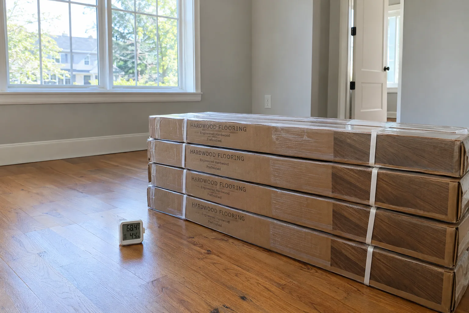 Hardwood flooring cartons in a prepared room with a temperature and humidity monitor nearby.