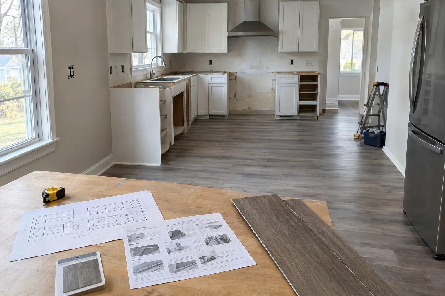 Cabinet layout, vinyl plank instructions, and tape measure on a kitchen renovation planning table.