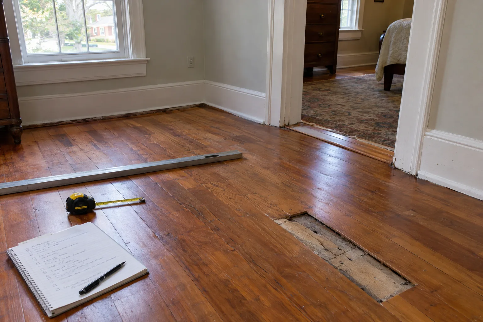 Existing wood boards, an exposed subfloor section, and original baseboard in an older home before floor replacement.